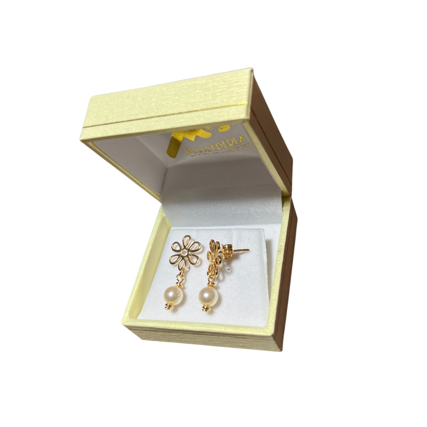 Aros Perlas de Mallorca enchapado en oro 18K Flor Largos 6mm