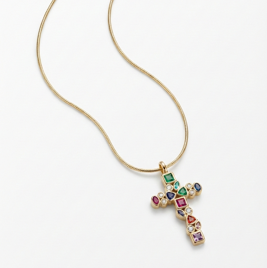 Collar Cruz Multicolor - Baño en Oro 18K, joyería Mare Rosato