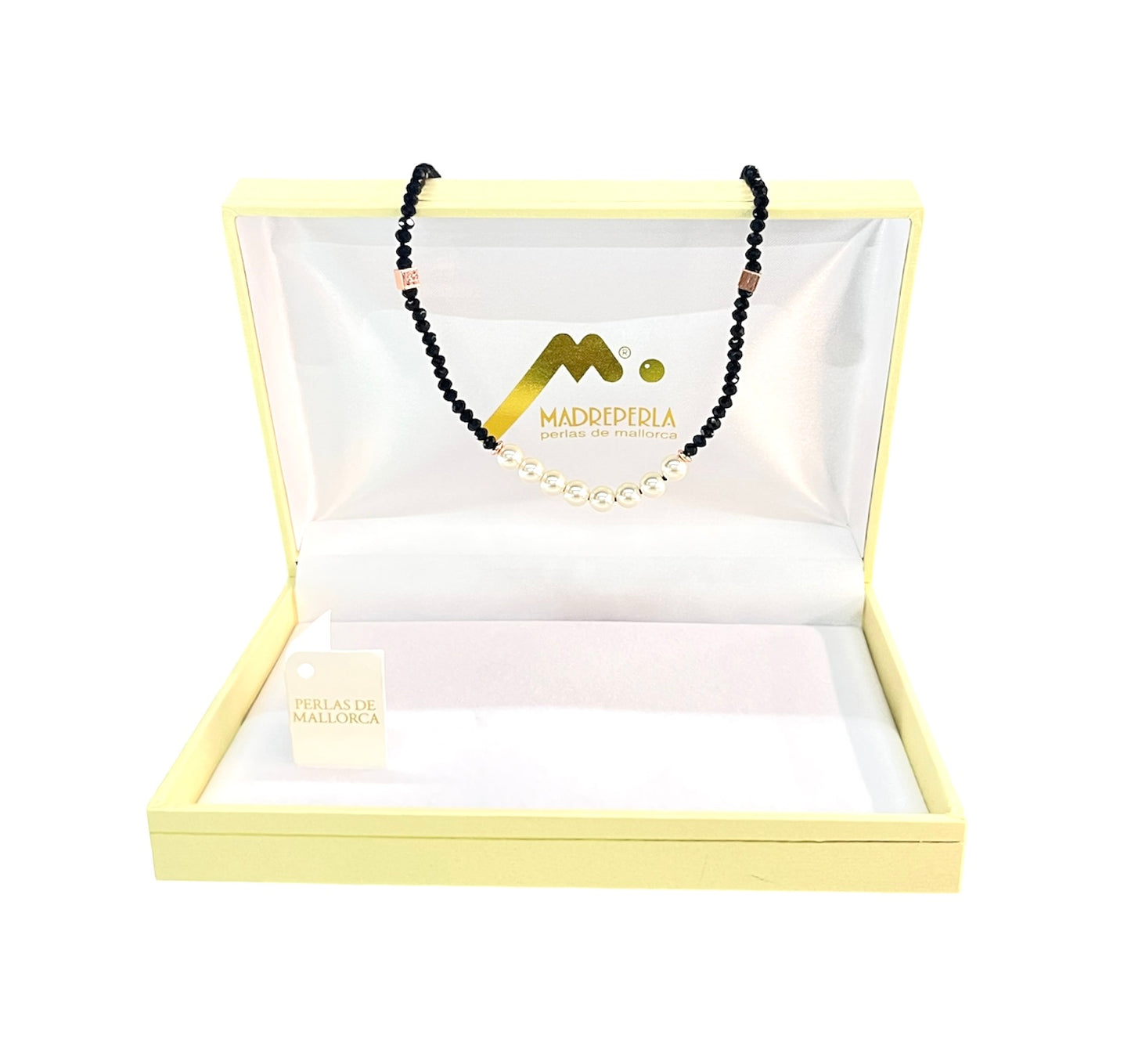 Set de 3 Collar de Perlas con cristales Ónix, Pulsera Ónix y Aros Pegados