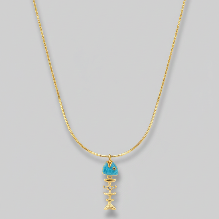 Collar Pescado Turquesa Esqueleto - Bañado en Oro 18K, joyería Mare Rosato