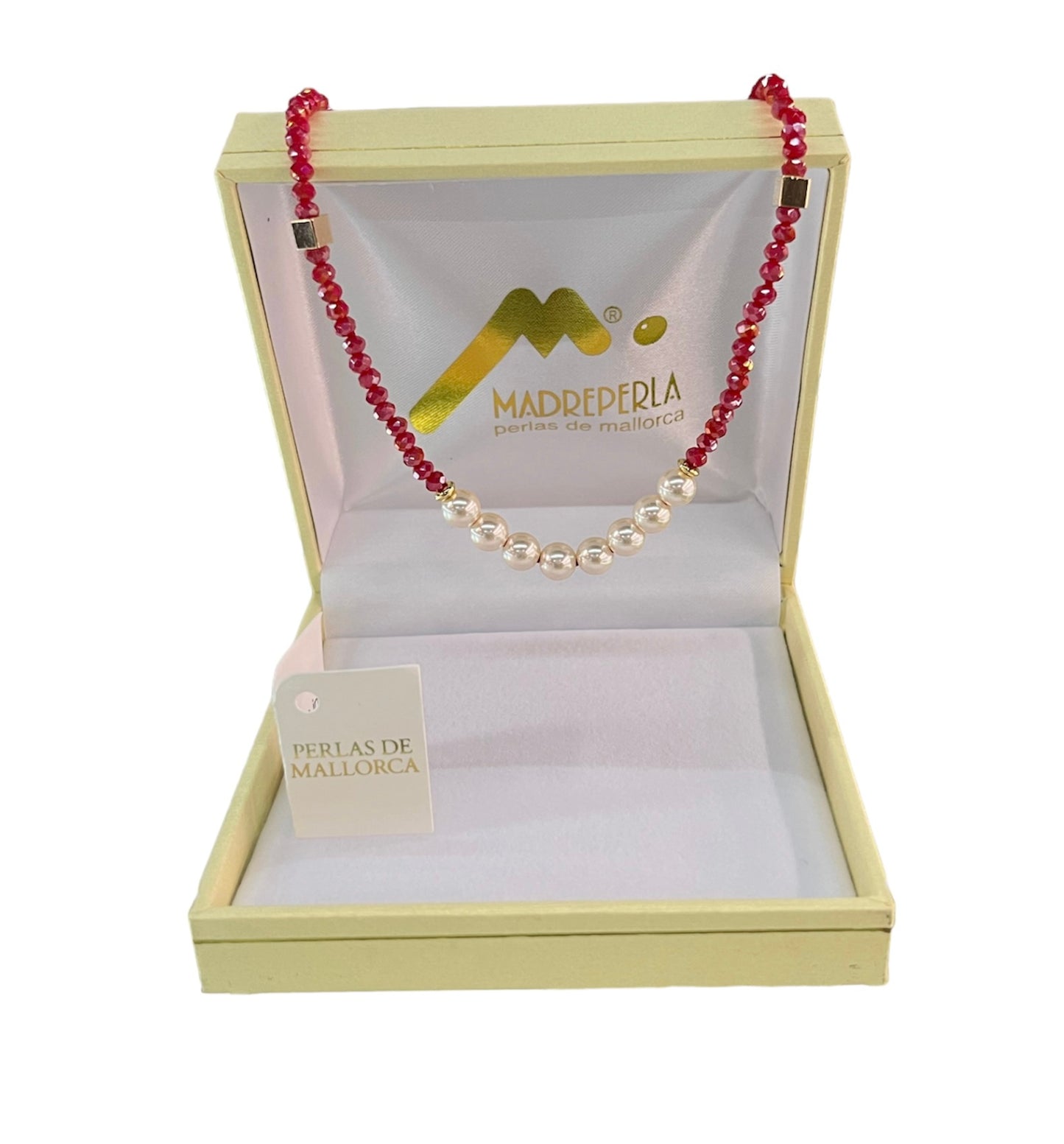 Set de 3 Collar de Perlas con cristales Rubí, Pulsera Rubí, Aros Pegados