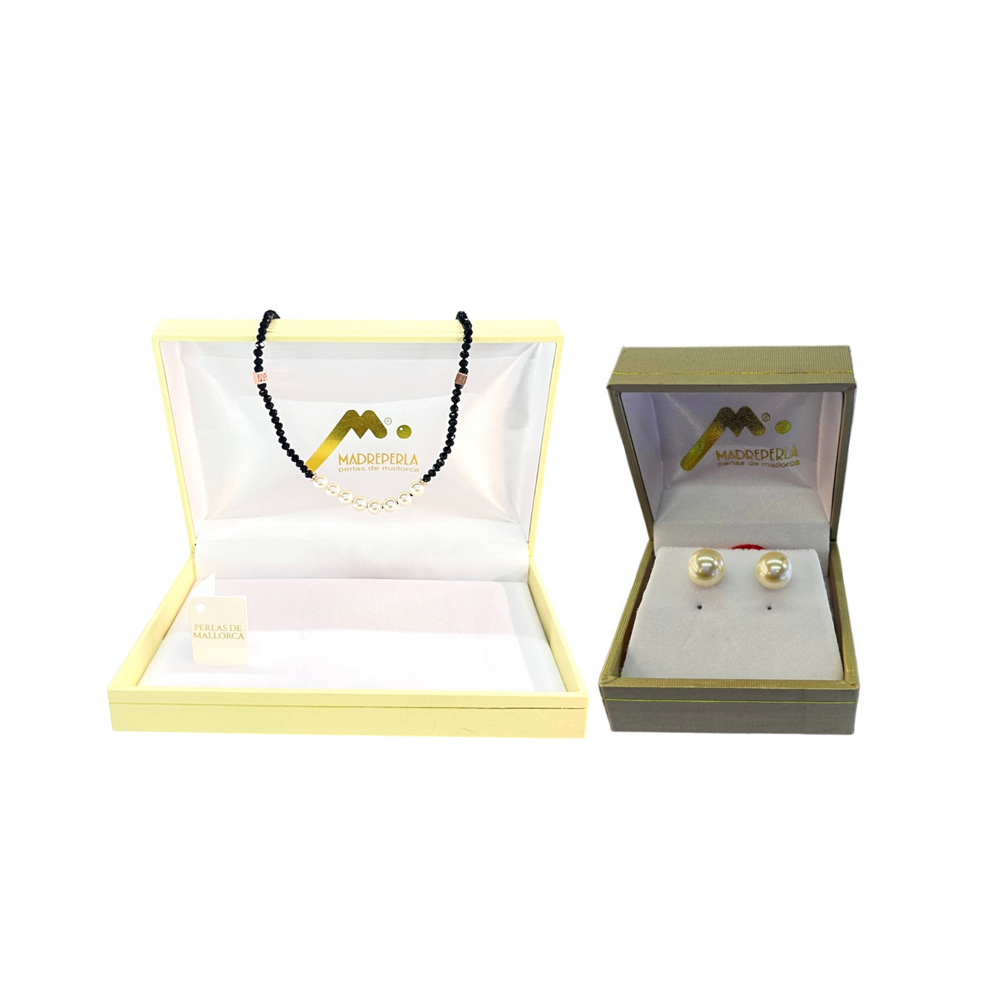 Set de Collar de Perlas con Cristales Ónix mas Aros Pegados