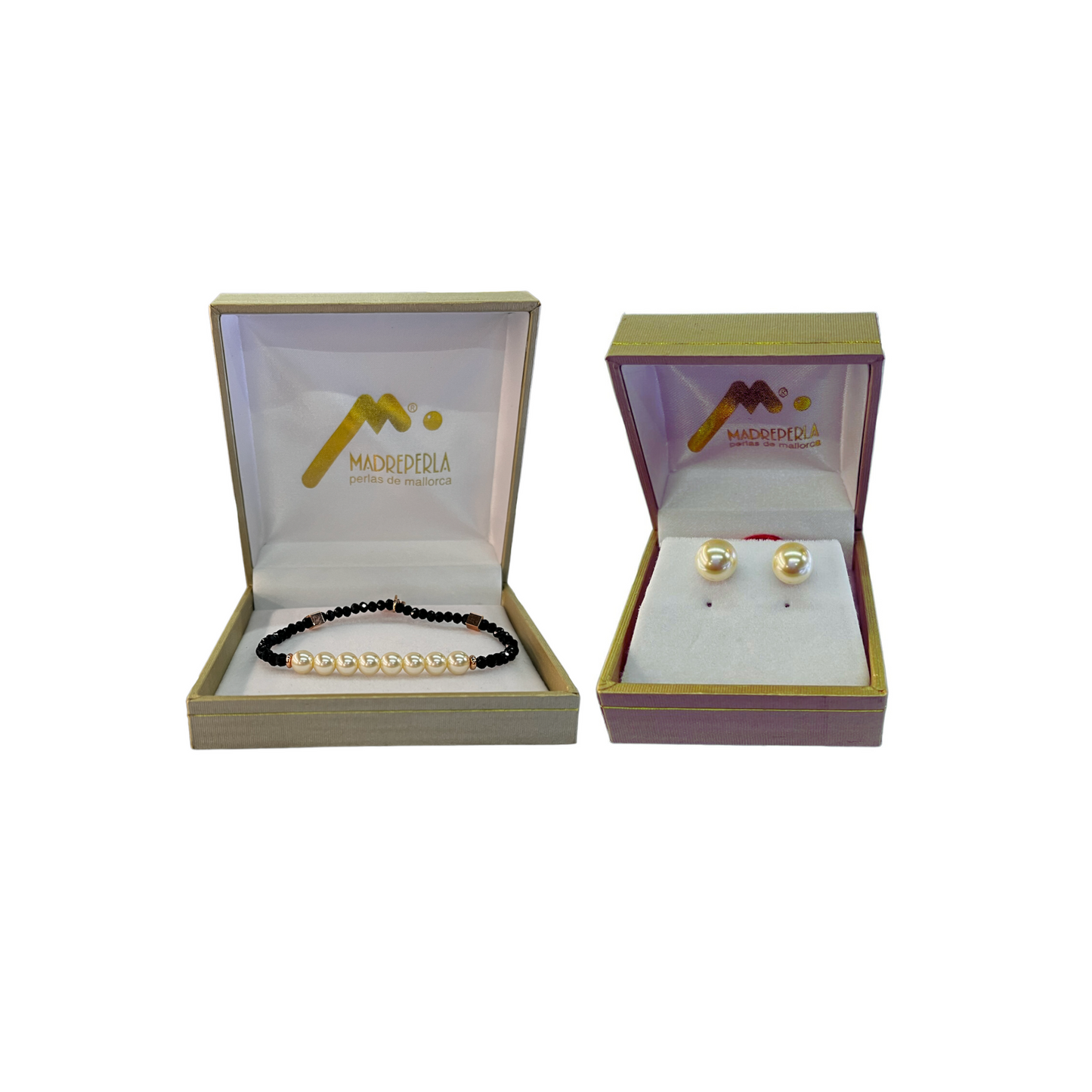 Set de Pulsera con cristales Onix mas Aros de Mallorca enchapado en Oro