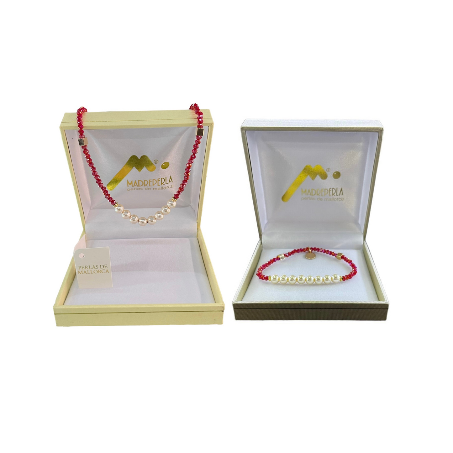 Set de Collar de Perlas con cristales Rubí mas Pulsera de Perlas con cristales Rubí