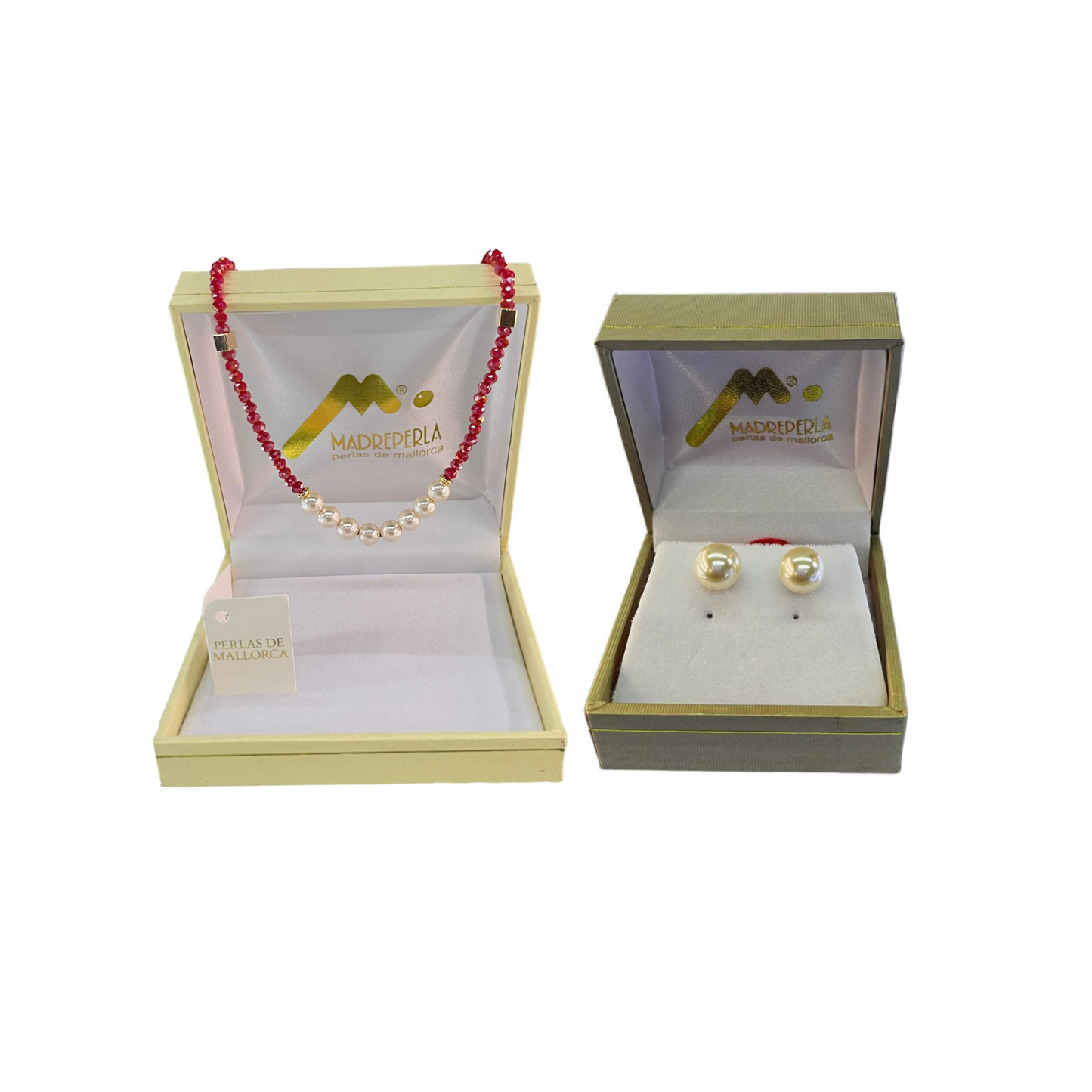 Set de Collar de Perlas con cristales Rubí mas Aros Pegados