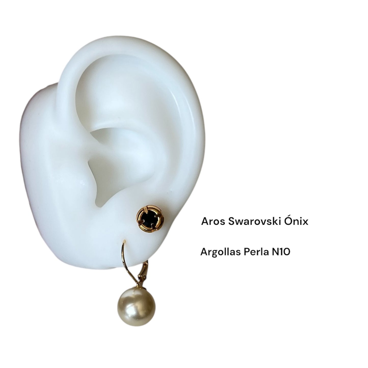 Set Argollas de Perlas 10mm mas Aros Cristal Swarovski Onix