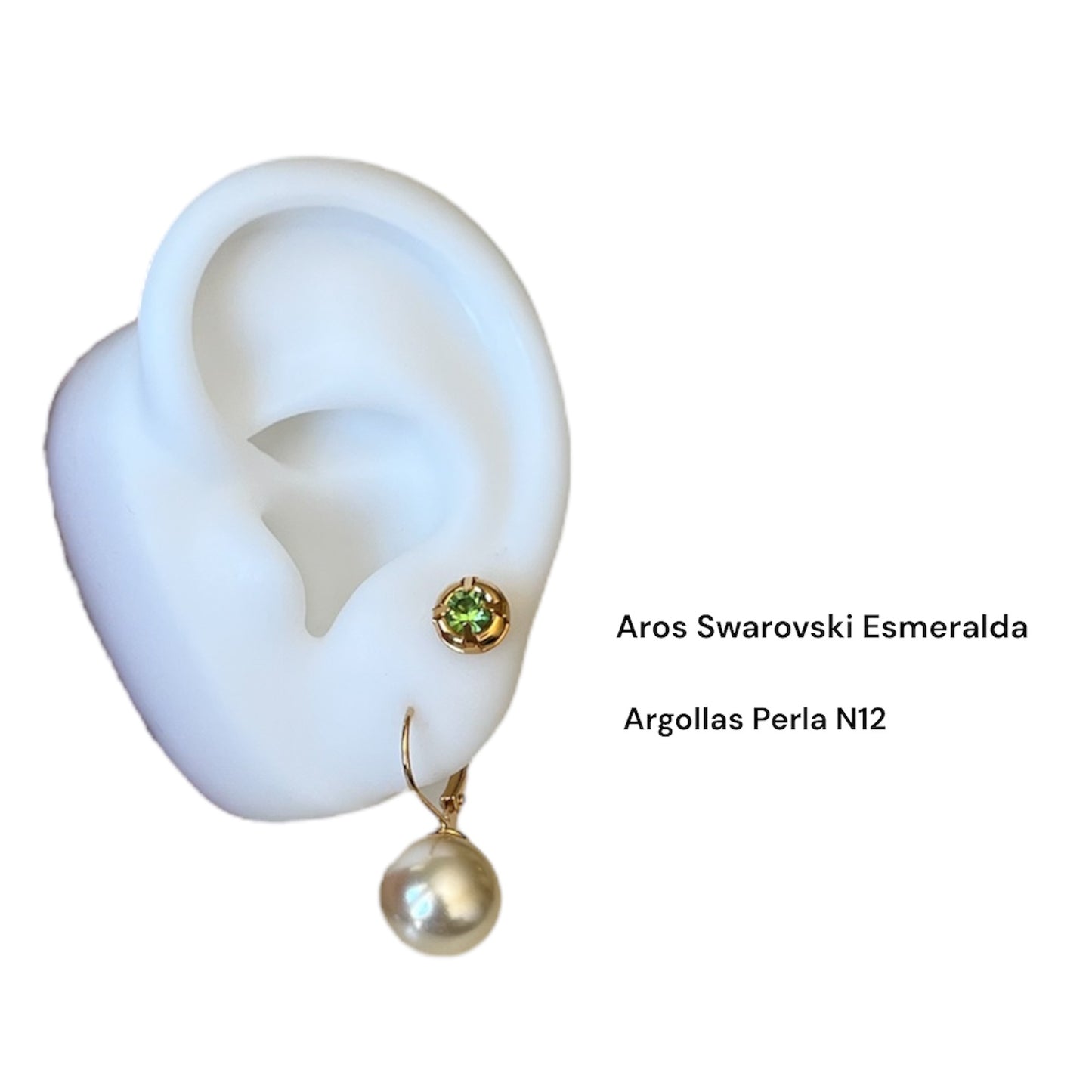 Set Argollas de Perlas 12mm mas Aros Cristal Swarovski Esmeralda