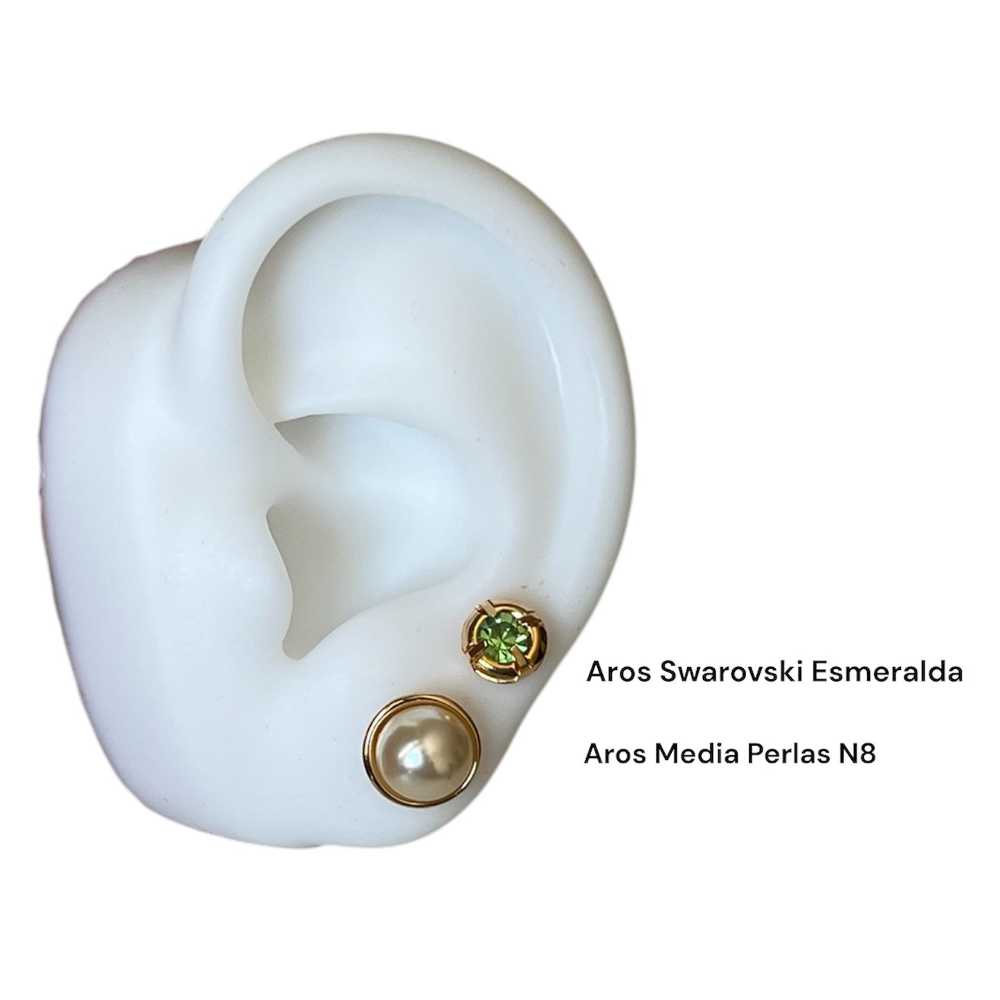 Set Aros Medias Perlas 8mm mas Aros Cristal Swarovski Esmeralda