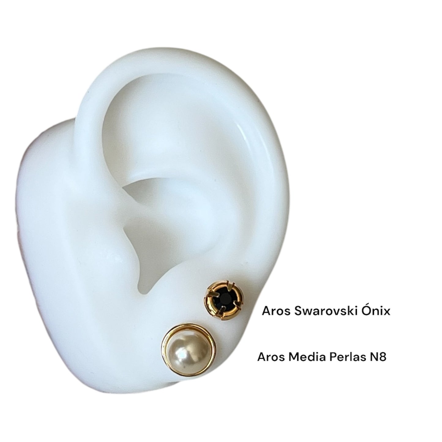 Set Aros Medias Perlas 8mm mas Aros Cristal Swarovski Onix