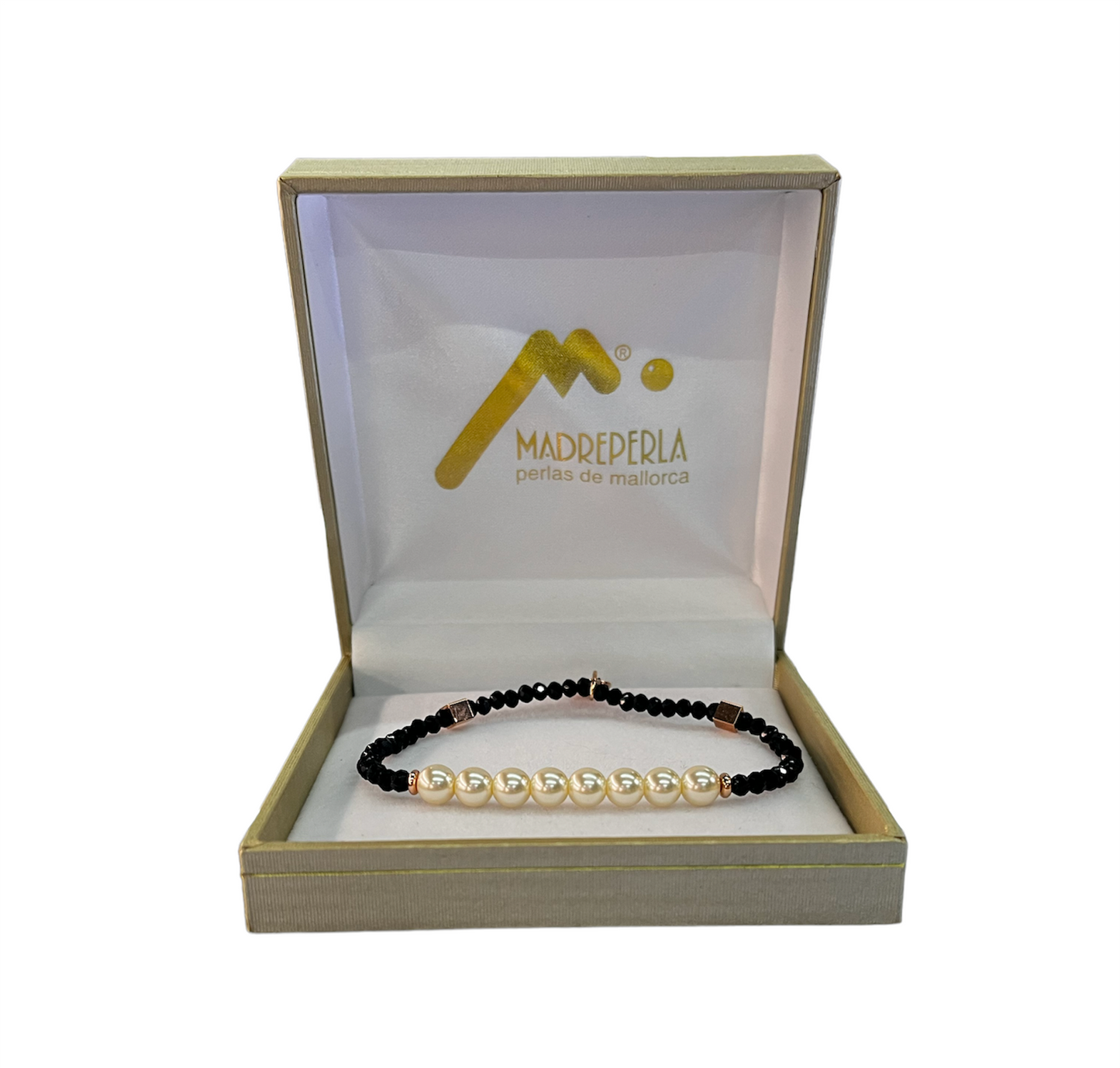 Set de 3 Collar de Perlas con cristales Ónix, Pulsera Ónix y Aros Pegados