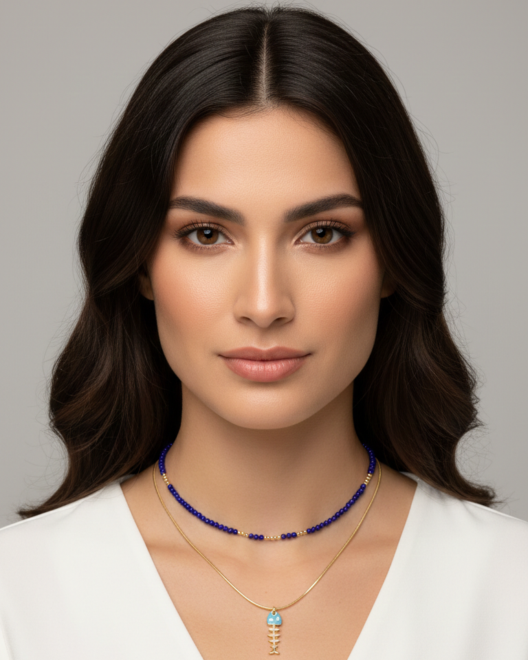 Set Collar Cristales Zafiro & Pescado Turquesa Esqueleto - Bañado en Oro 18K