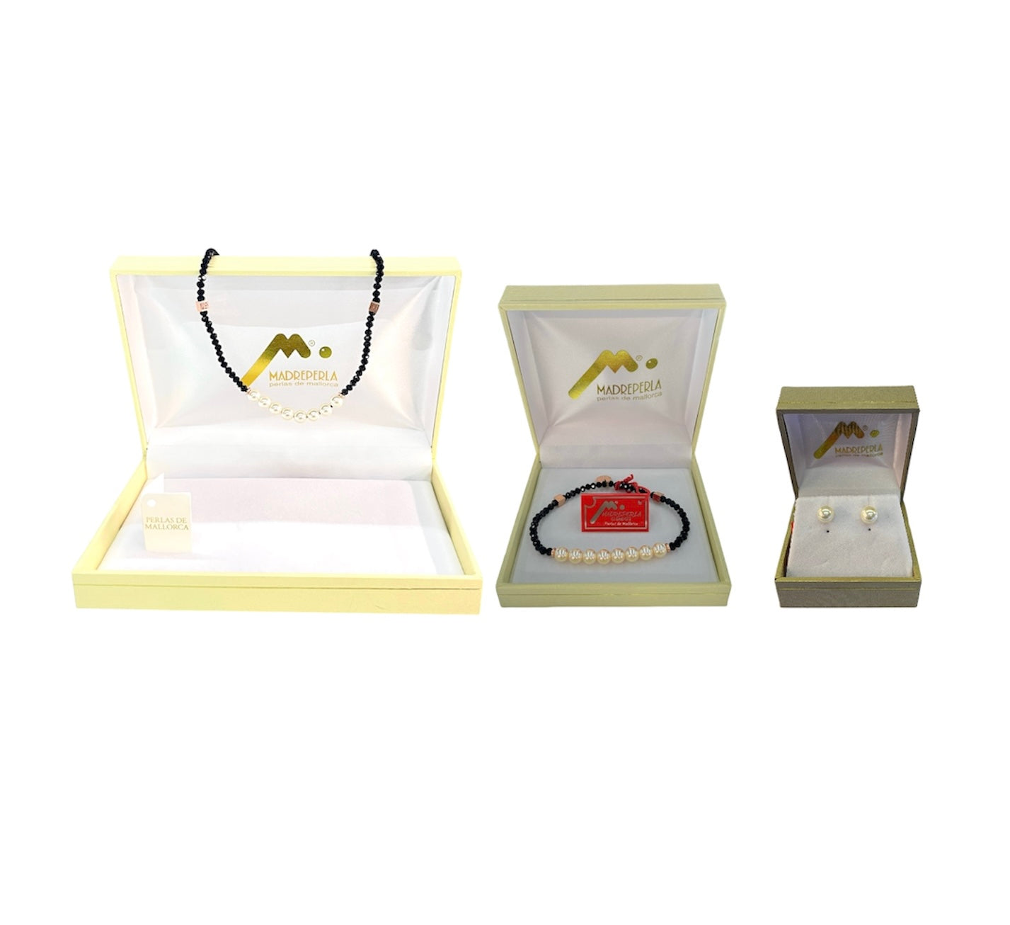 Set de 3 Collar de Perlas con cristales Ónix, Pulsera Ónix y Aros Pegados