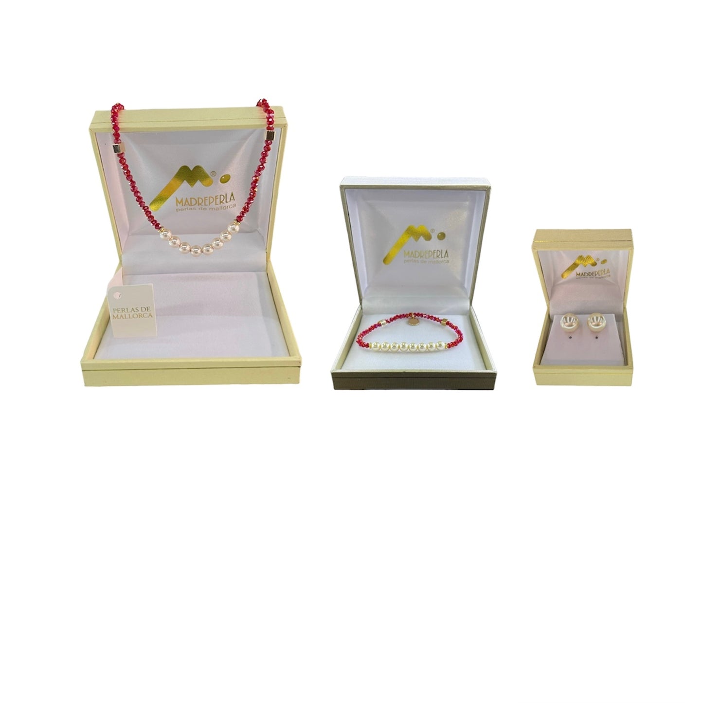 Set de 3 Collar de Perlas con cristales Rubí, Pulsera Rubí, Aros Pegados