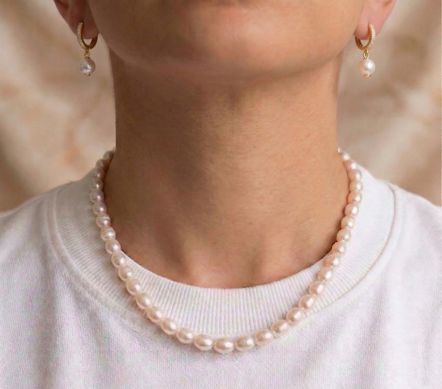 Set Perla Lumina | Collar de Perlas de Río Naturales 7-8 mm y Argollas con Circones