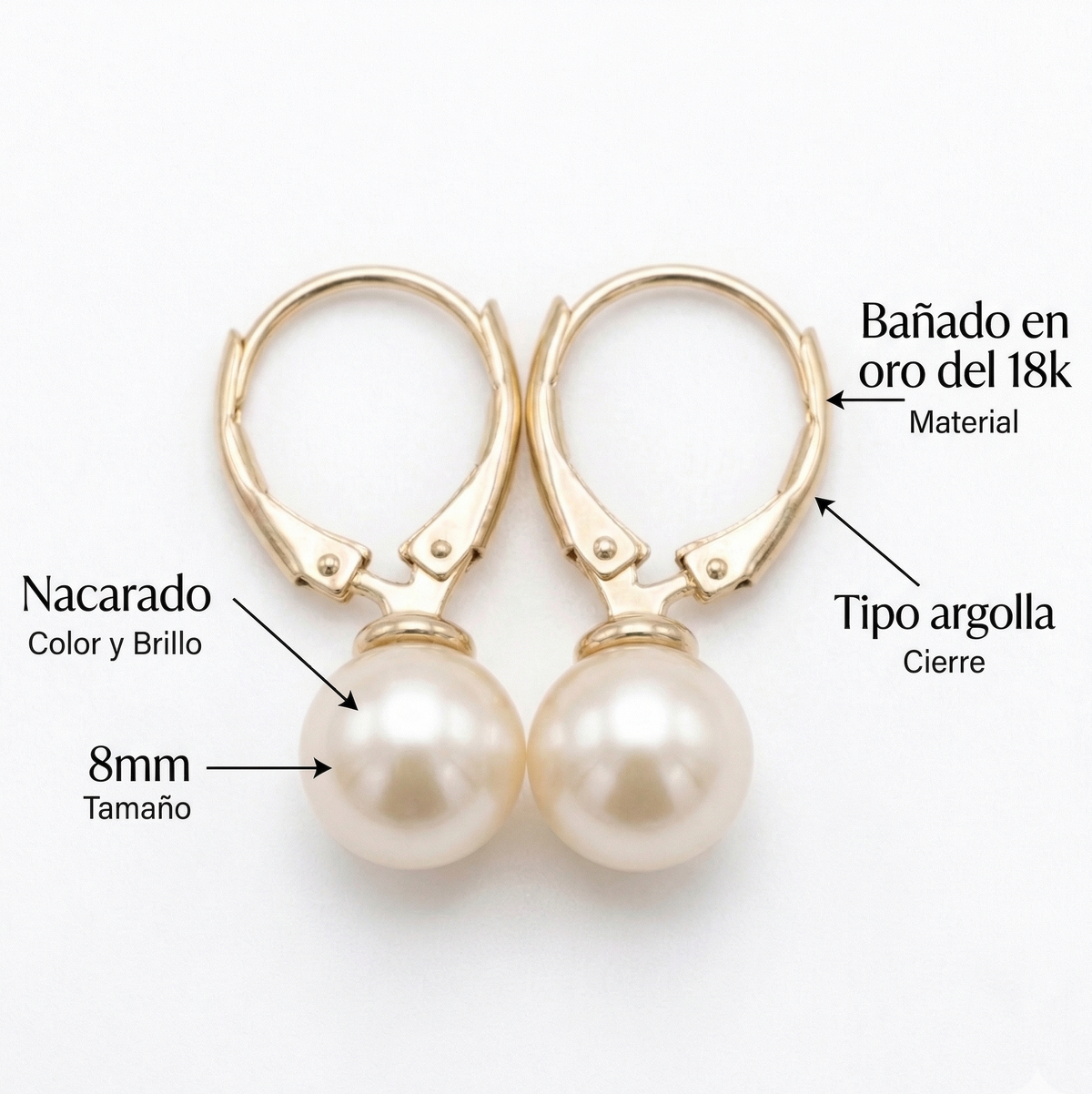 Argollas Perlas 8mm de Mallorca enchapado en Oro de 18K, joyería Mare Rosato