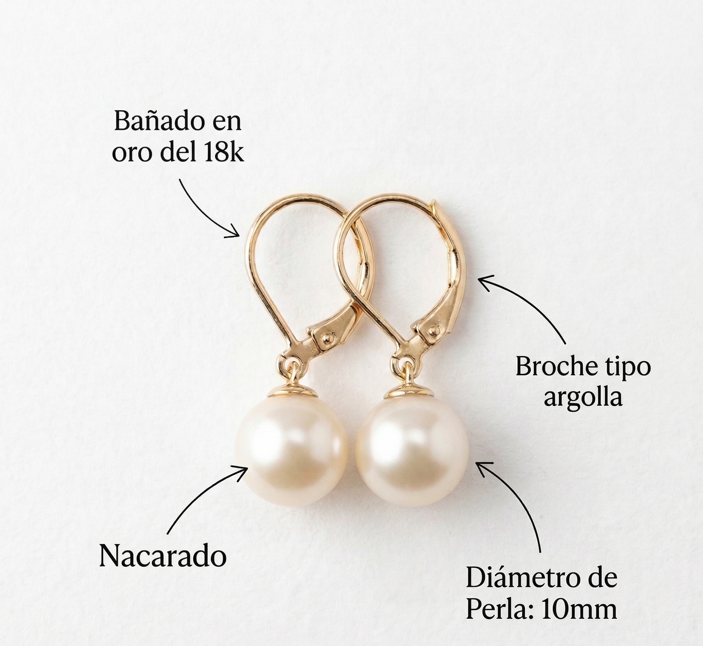 Argollas Perlas 10mm de Mallorca enchapado en Oro de 18K