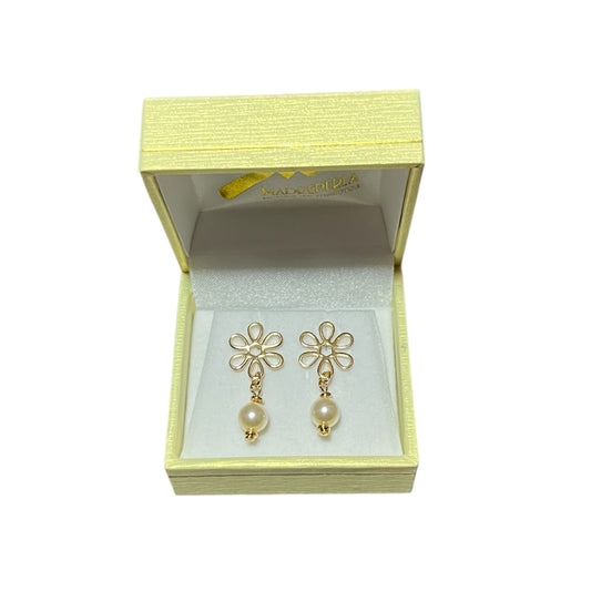 Aros Perlas de Mallorca enchapado en oro 18K Flor Largos 6mm