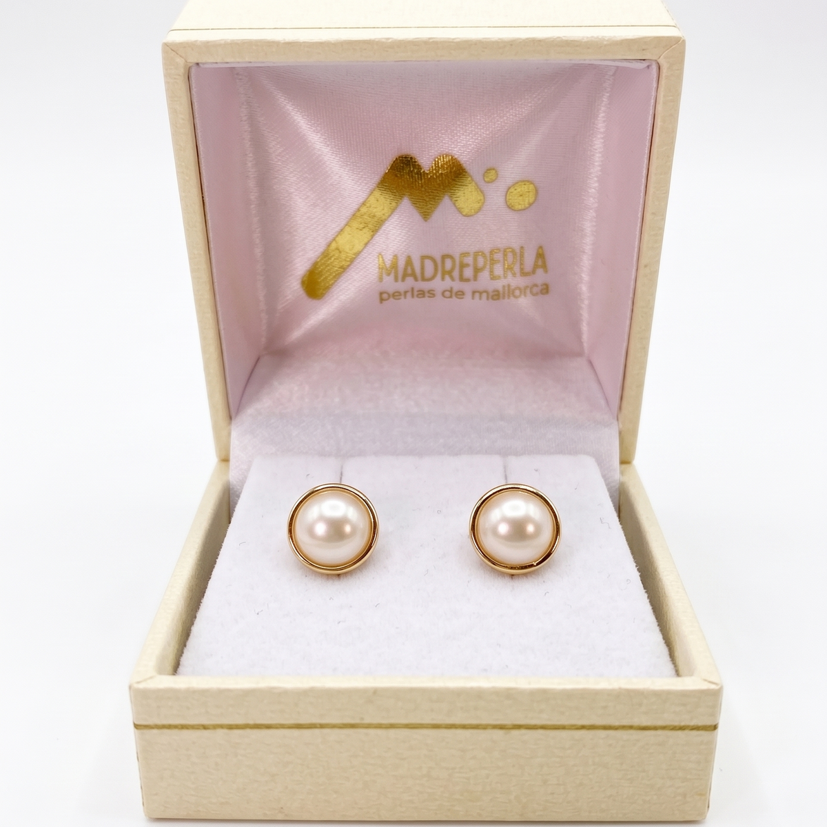 Aros Perlas de Mallorca enchapado en Oro de 18K Media Perlas 6MM, joyería Mare Rosato