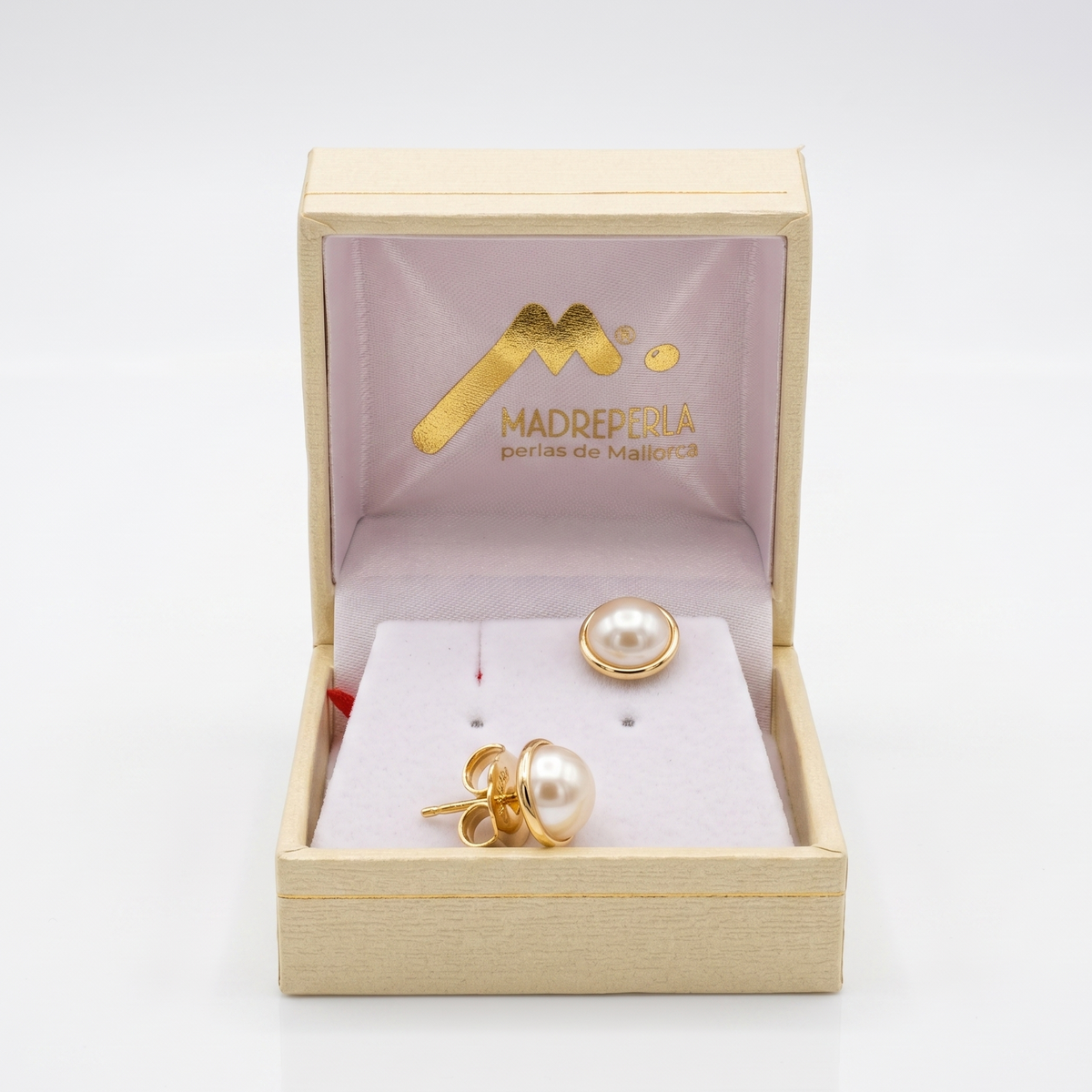 Aros Perlas de Mallorca enchapado en Oro de 18K Media Perlas 8MM, joyería Mare Rosato