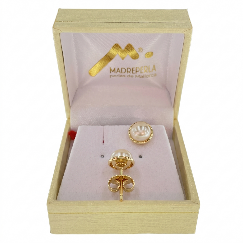 Aros Perlas de Mallorca enchapado en Oro de 18K Media Perlas 8MM, joyería Mare Rosato
