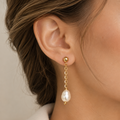 Aros Olivia | Aros Largos con Perla de Río Natural y Cadena Baño Oro 18K
