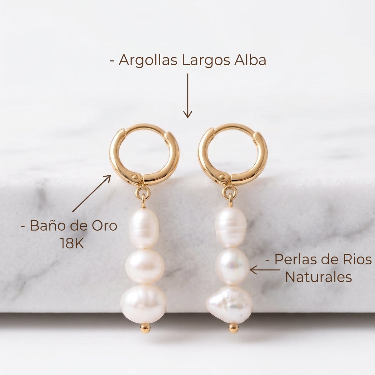 Argollas Alba | Aros Largos con 3 Perlas de Río Naturales Baño Oro 18K