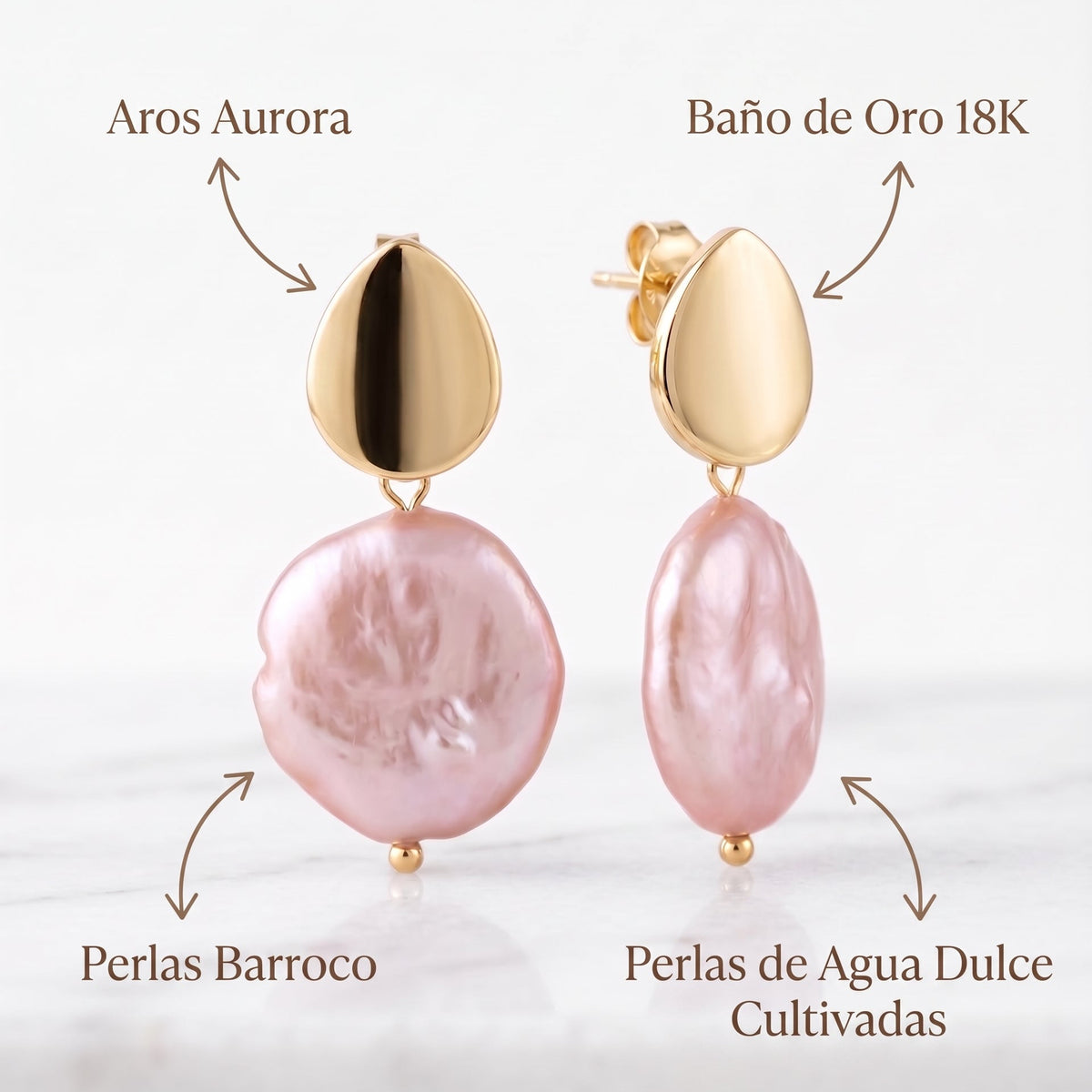 Aros Aurora | Aros Baño Oro 18K con Perla Barroca Rosada de Agua Dulce