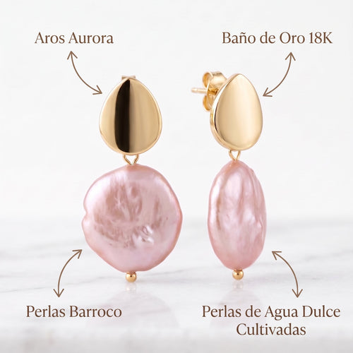Aros Aurora | Aros Baño Oro 18K con Perla Barroca Rosada de Agua Dulce