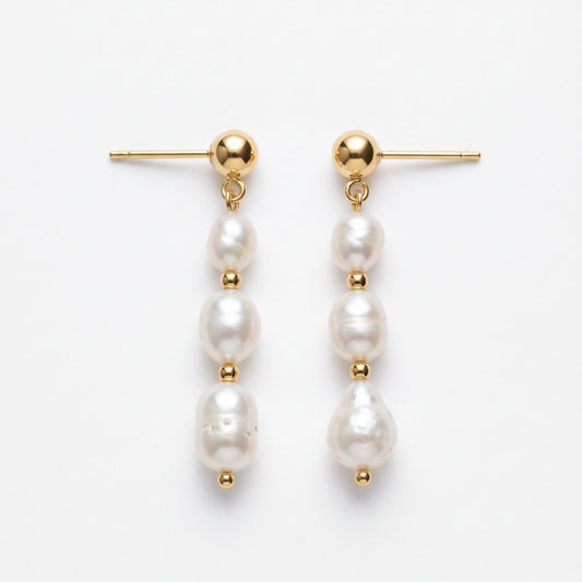 Aros Stella | Aros Largos de Perlas de Río Naturales Baño Oro 18K