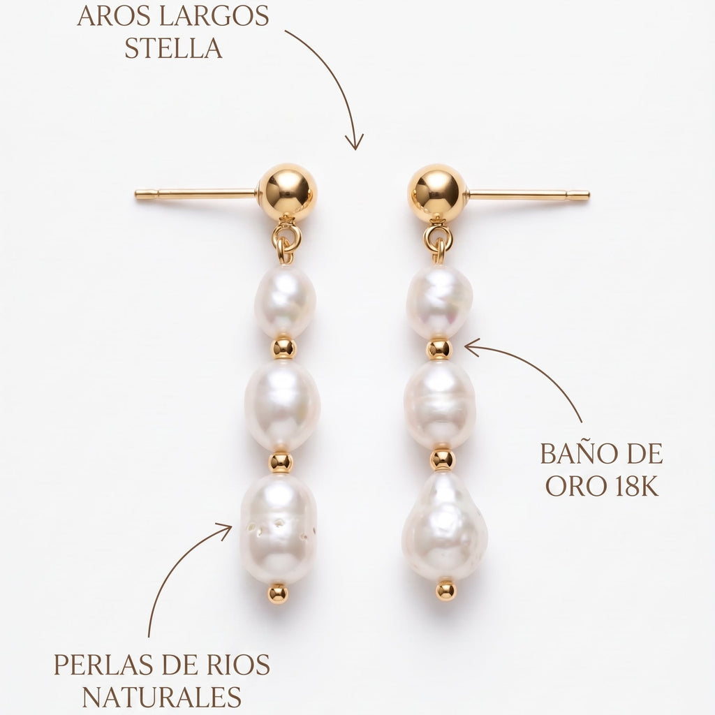 Aros Stella | Aros Largos de Perlas de Río Naturales Baño Oro 18K