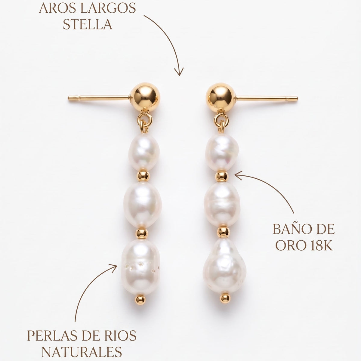 Aros Stella | Aros Largos de Perlas de Río Naturales Baño Oro 18K
