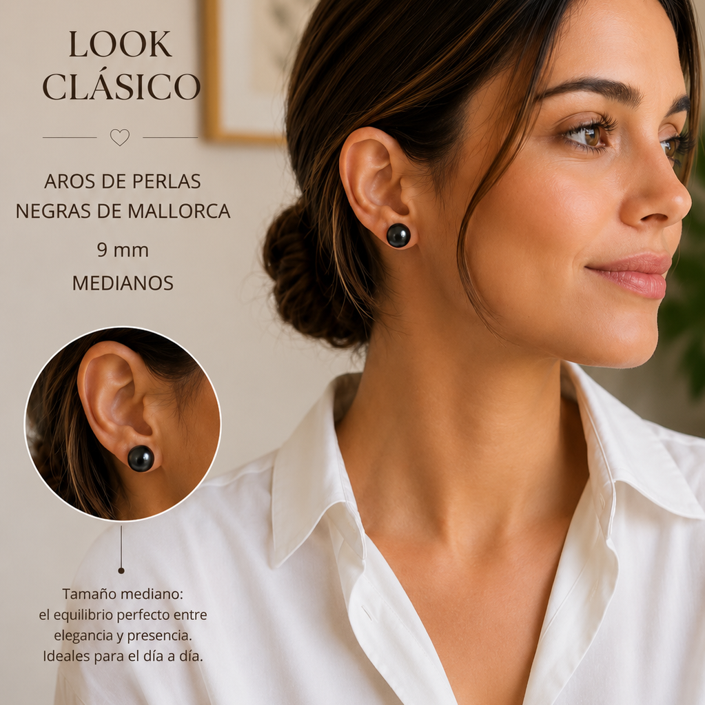 Aros Clásicos Perlas Negras 7mm y 9mm de Mallorca | Enchapado en oro 18K | Empaque Premium