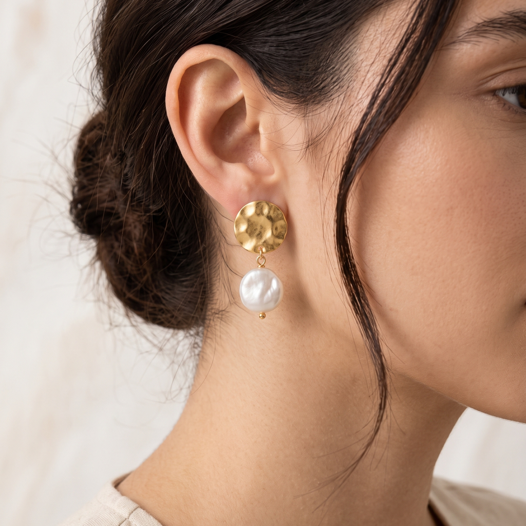 Aros Marfil | Aros Colgantes Baño Oro 18K con Perla Barroca Plana Blanca