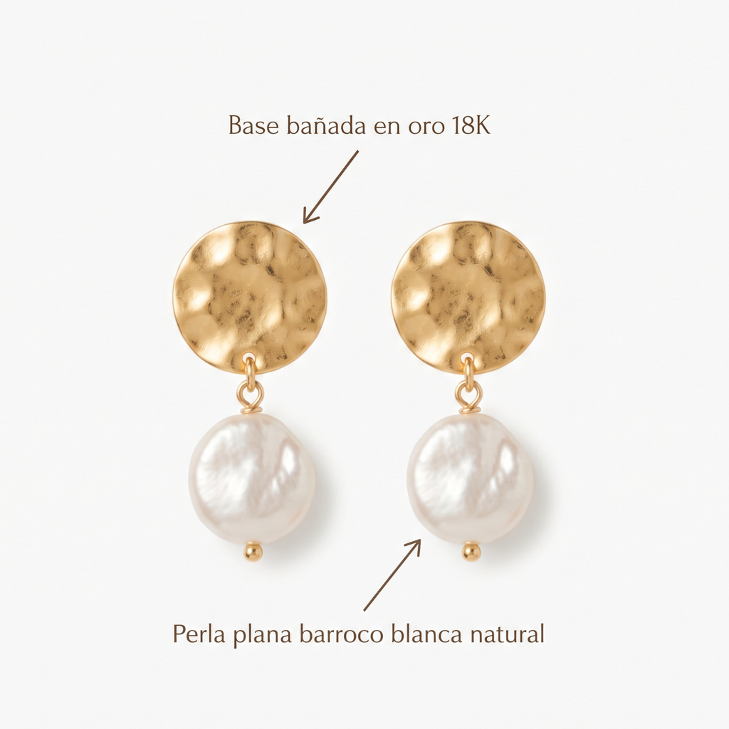 Aros Marfil | Aros Colgantes Baño Oro 18K con Perla Barroca Plana Blanca