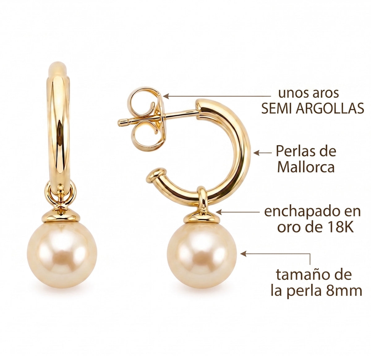 Aros Clásicos Semi Argollas Perlas 8mm de Mallorca | Enchapado en oro 18K | Empaque Premium