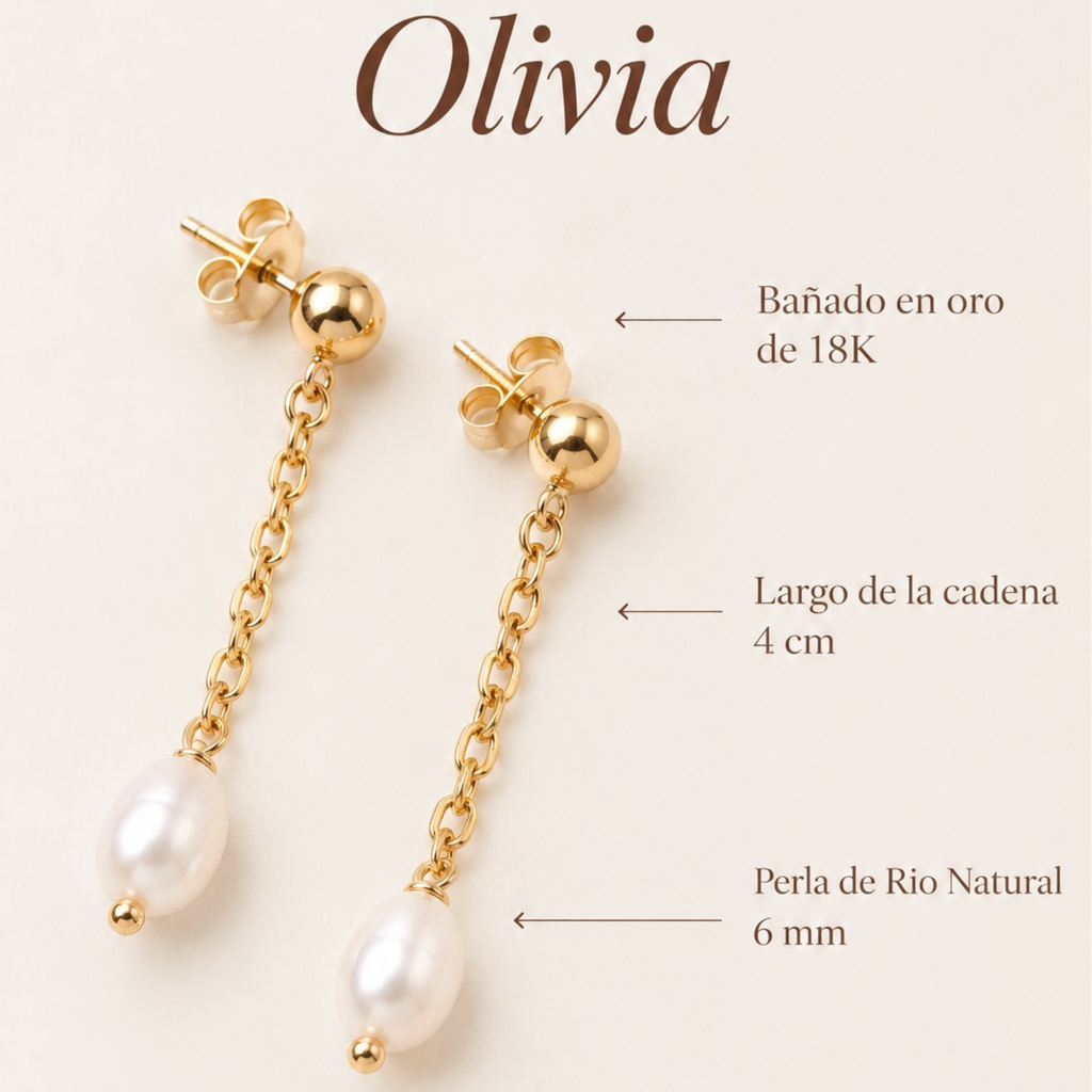 Aros Olivia | Aros Largos con Perla de Río Natural y Cadena Baño Oro 18K