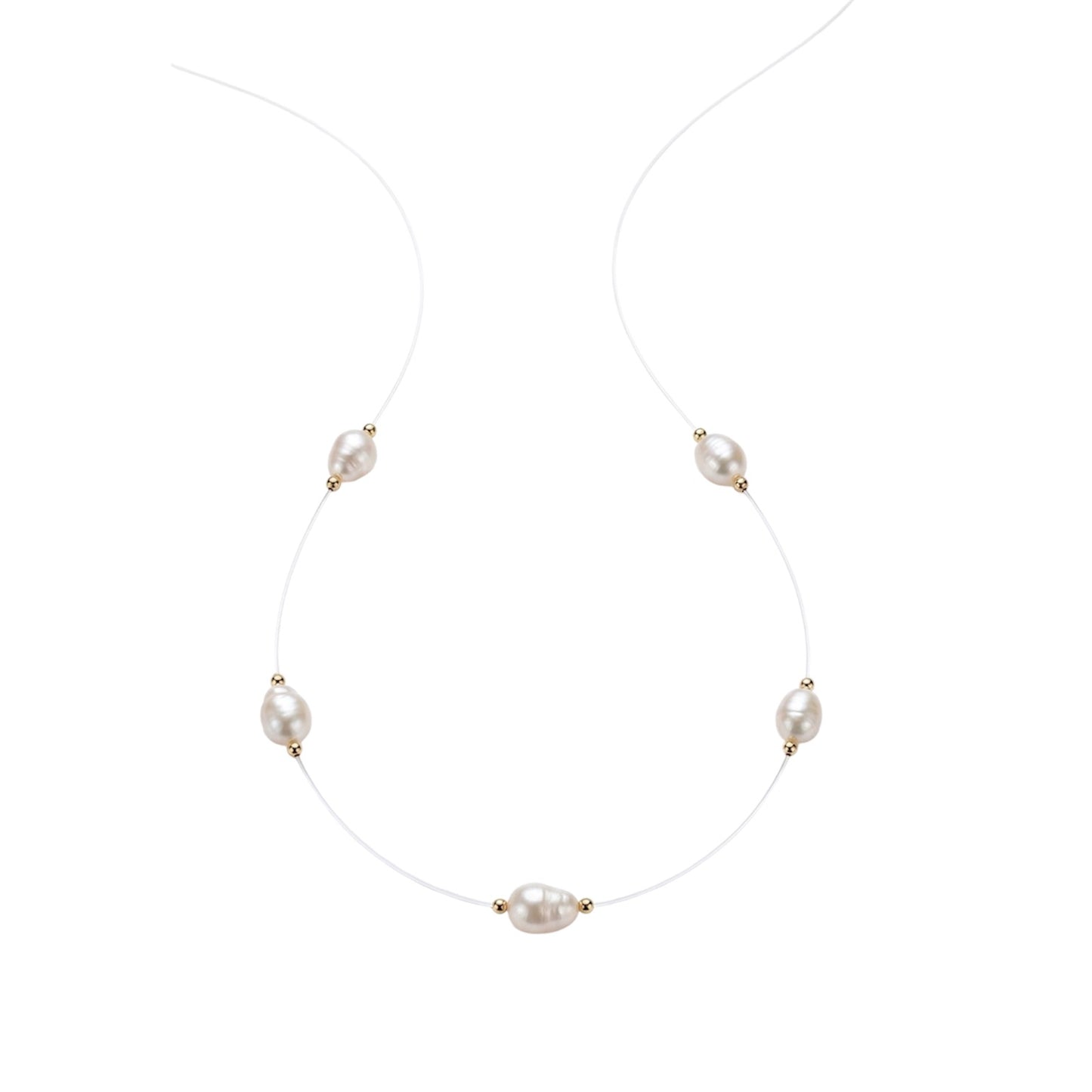 Collar Invisible con Perlas Blancas de Rio Bañado en oro 18k