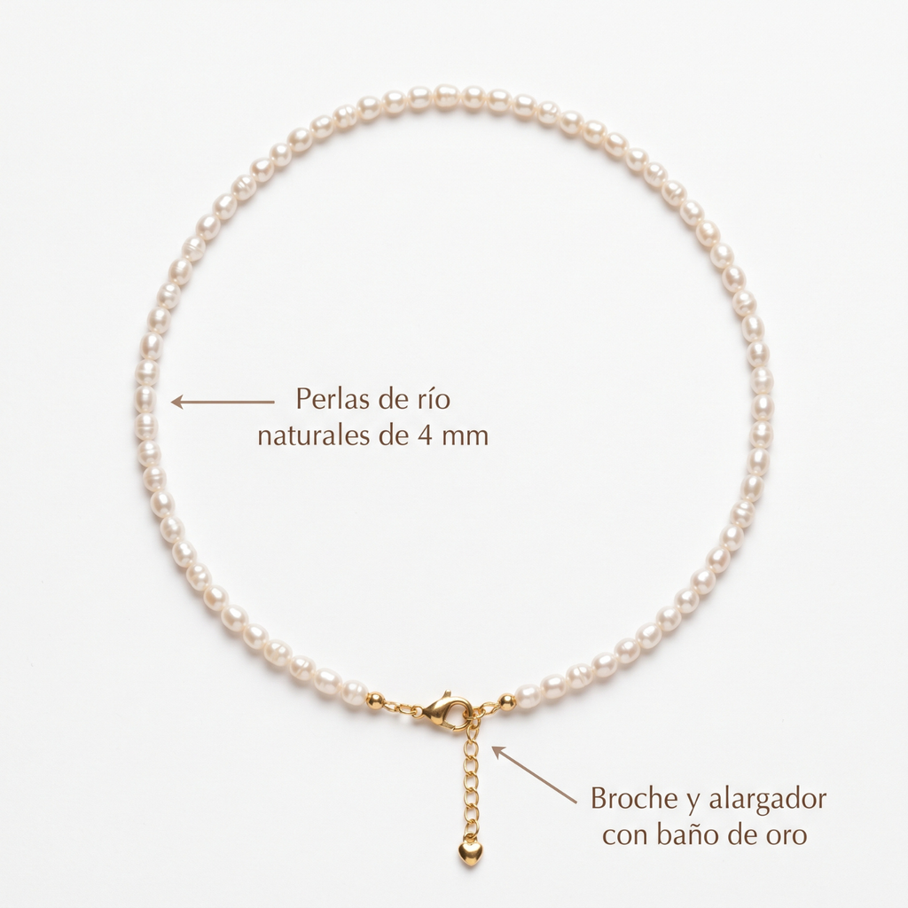 Collar de Perlas de Río Naturales 4 mm | Broche Bañado en Oro y Cadena Extensora