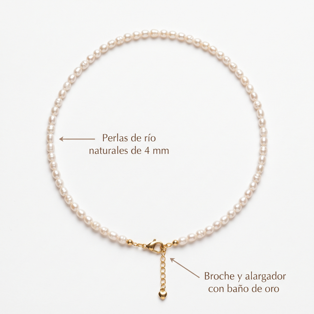 Collar de Perlas de Río Naturales 4 mm | Broche Bañado en Oro y Cadena Extensora