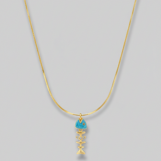 Collar Pescado Turquesa Esqueleto - Bañado en Oro 18K