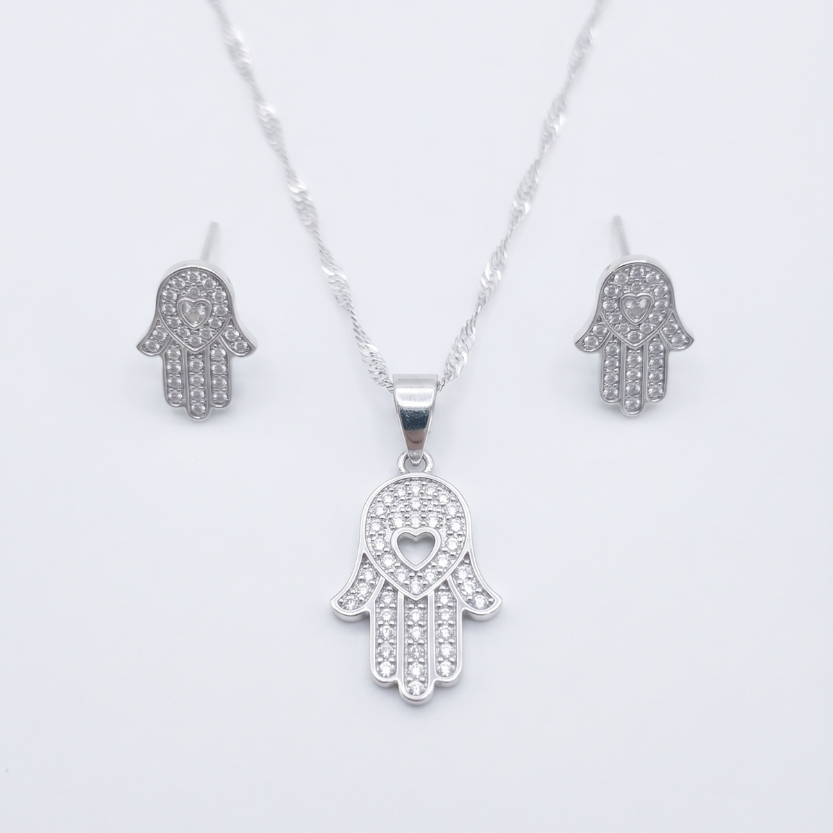 Set Mano de Fátima Plata 925 | Collar y Aros con Micro Circones Blancos