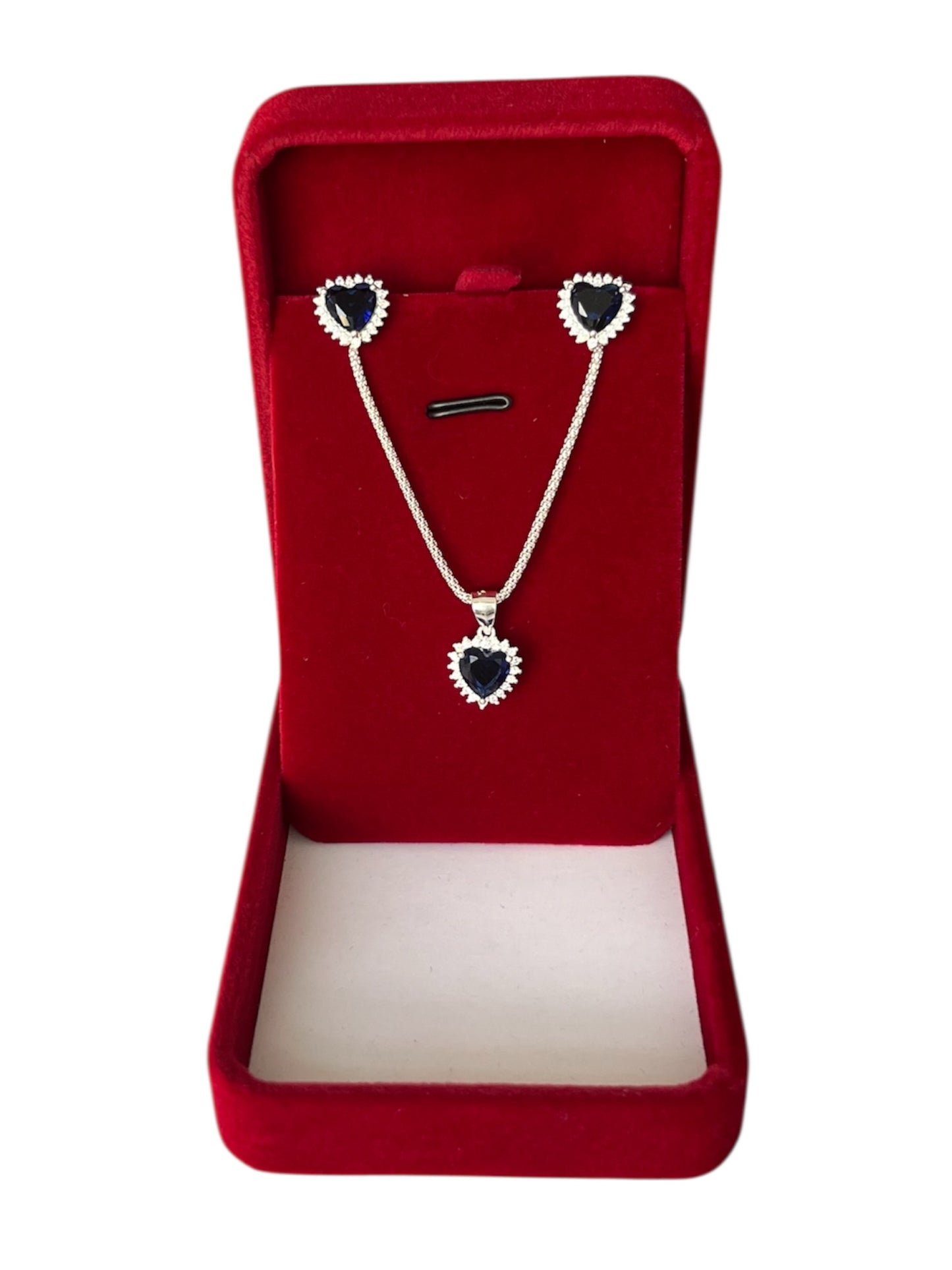 Set Plata 925 Corazon con circón Zafiro micro circones Blancos - Collar y Aros