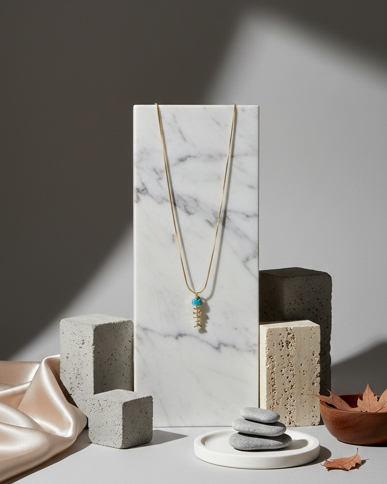 Collar Pescado Turquesa Esqueleto - Bañado en Oro 18K