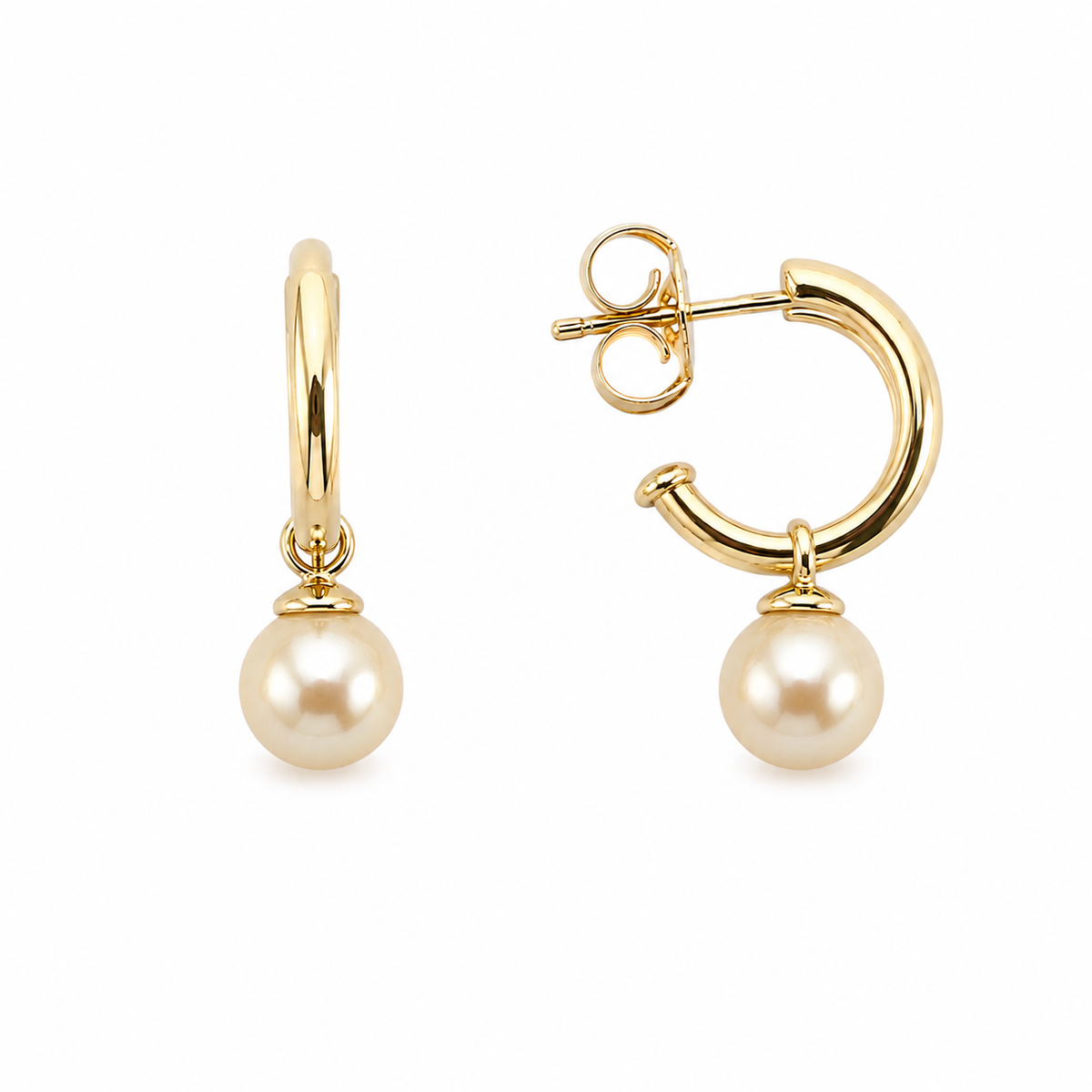 Aros Perlas de Mallorca enchapados en Oro de 18K Semi Argollas 8mm, joyería Mare Rosato
