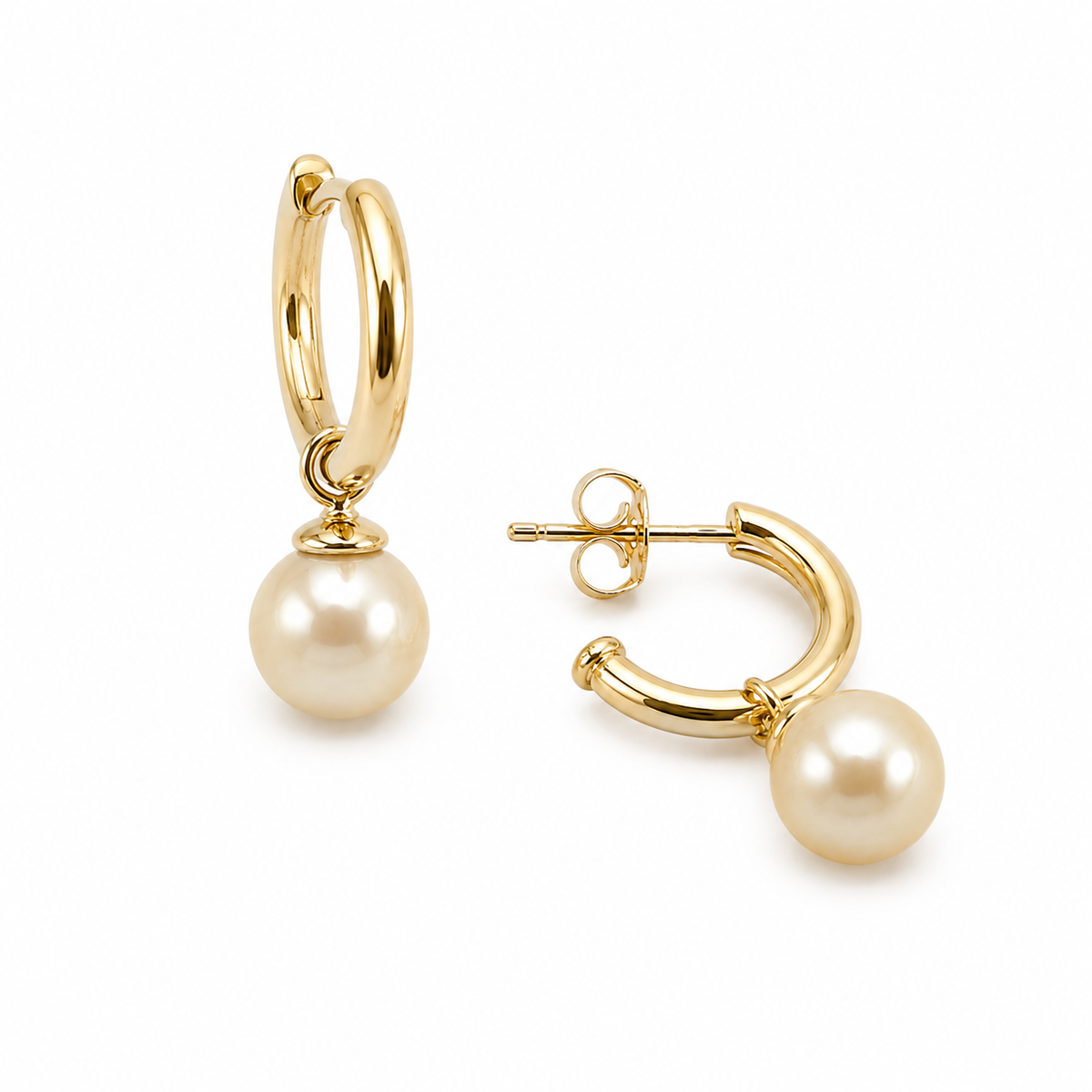 Aros Perlas de Mallorca enchapados en Oro de 18K Semi Argollas 8mm, joyería Mare Rosato
