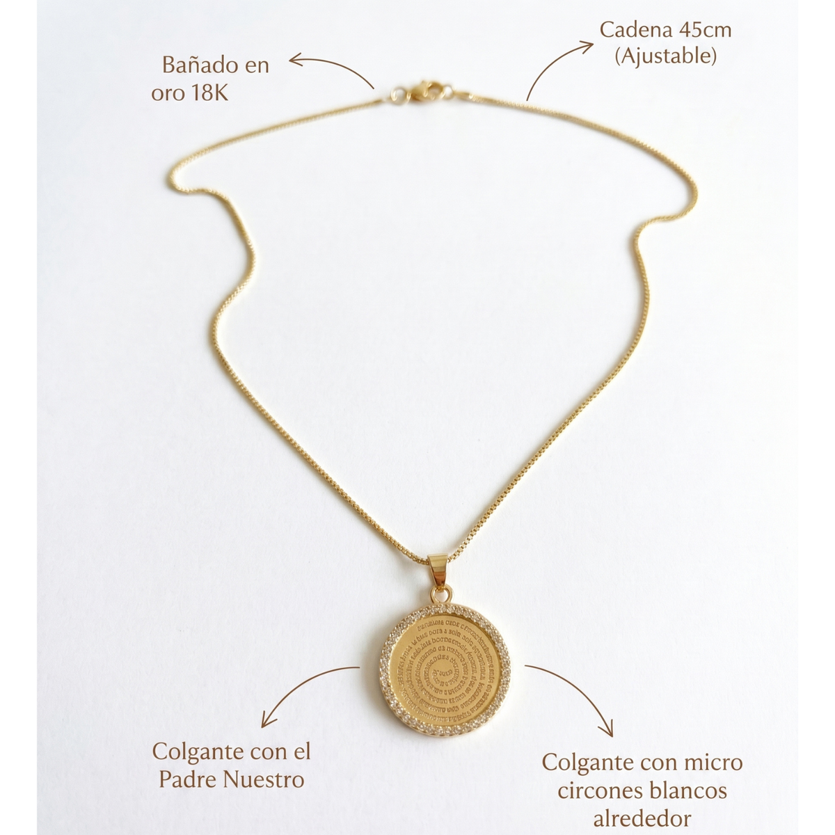 Collar Padre Nuestro | Medalla Baño de Oro 18K con Oración Grabada y Micro Circones Blancos, Cadena Ajustable 45 cm