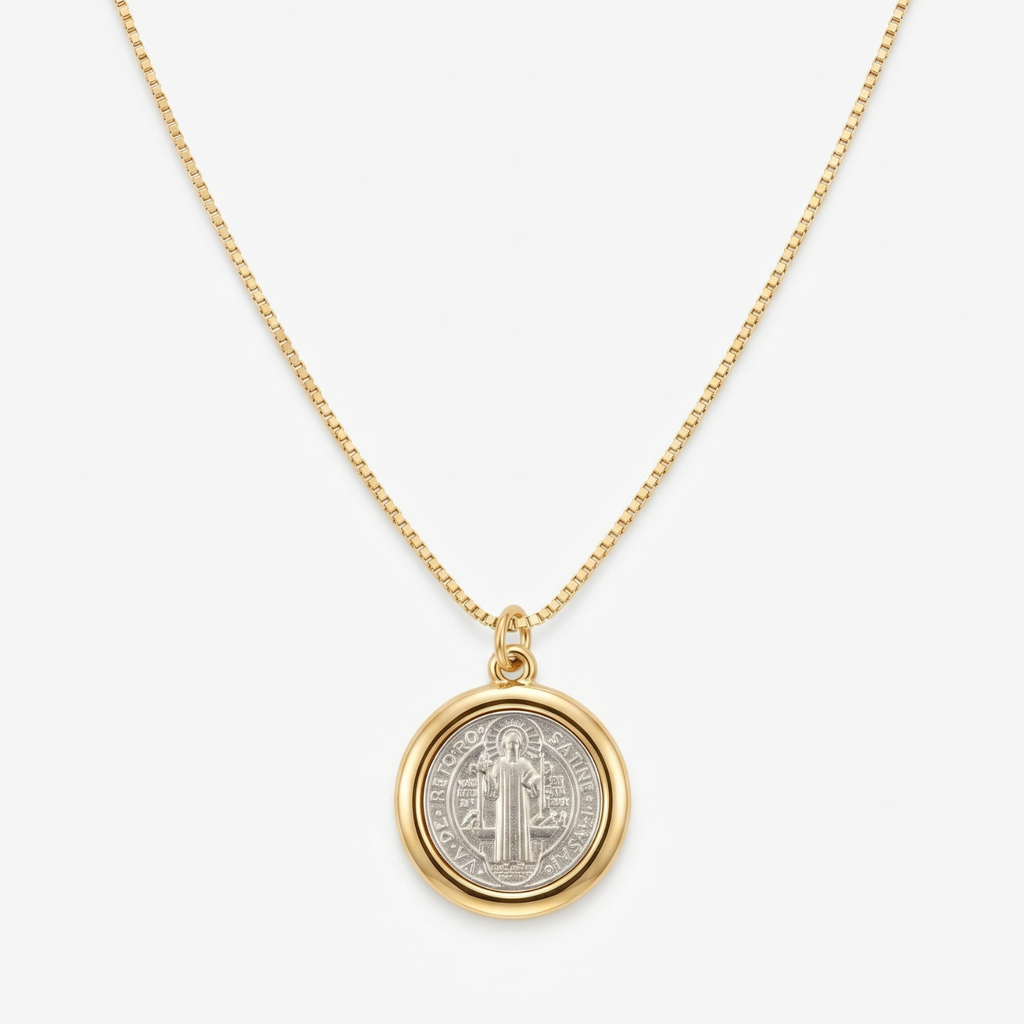 Collar San Benito | Medalla Baño de Oro 18K con Cruz de San Benito, Cadena Ajustable 45 cm