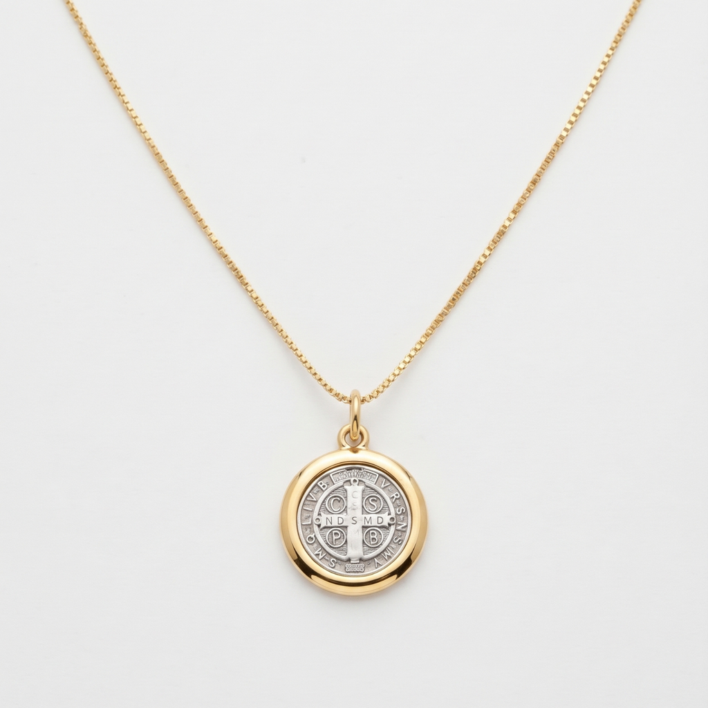 Collar San Benito | Medalla Baño de Oro 18K con Cruz de San Benito, Cadena Ajustable 45 cm