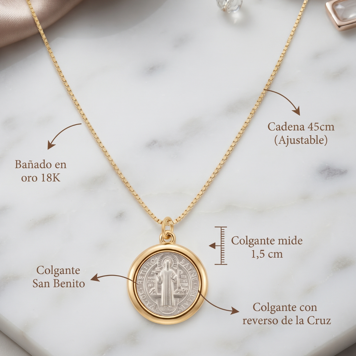 Collar San Benito | Medalla Baño de Oro 18K con Cruz de San Benito, Cadena Ajustable 45 cm
