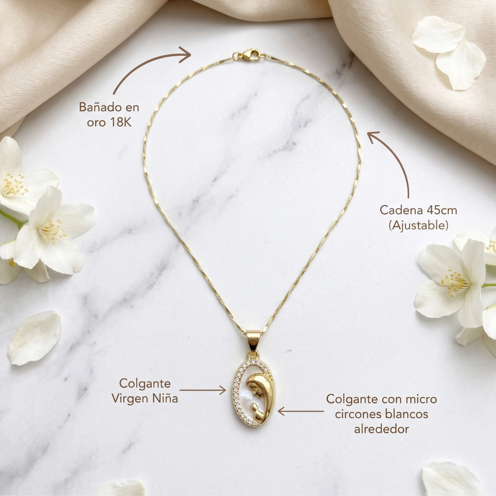 Collar Virgen Niña | Medalla Baño de Oro 18K con Micro Circones Blancos, Cadena Ajustable 45 cm